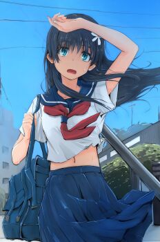 1girl absurdres backpack bag black_hair blue_eyes blue_sailor_collar blue_skirt cityscape commentary day flower hair_flower hair_ornament hand_up hedge highres holding holding_bag long_hair midriff_peek musaki_(msaki666) navel neckerchief open_mouth outdoors pleated_skirt red_neckerchief sailor_collar sakugawa_school_uniform saten_ruiko school_uniform serafuku shirt short_sleeves skirt solo summer_uniform sweatdrop toaru_kagaku_no_railgun toaru_majutsu_no_index upper_body white_shirt wind wind_lift