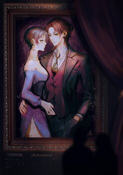 arm_around_waist artist_name black_hair black_jacket black_necktie black_pants blurry blurry_foreground breasts brown_hair collared_shirt commentary couple cowboy_shot curtains dress earrings english_commentary eren_yeager facial_scar hair_between_eyes hair_bun half_updo hand_in_pocket hetero highres jacket jewelry medium_breasts medium_hair mikasa_ackerman museum necktie off-shoulder_dress off_shoulder pants parted_bangs picture_frame red_vest scar scar_on_cheek scar_on_face shibaruirui shingeki_no_kyojin shirt short_hair side_slit suit_jacket tie_clip vest waistcoat white_shirt