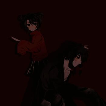1boy 1girl animated animated_gif black_eyes black_hair black_jacket black_pants black_skirt blood blood_on_clothes blood_on_face blood_on_hands chinese_commentary closed_mouth collared_shirt commentary_request double_bun facial_tattoo grin hair_bun high_collar holding holding_knife jacket knife li_yuting_(female) lian_yu long_sleeves military_uniform open_clothes open_jacket open_mouth pants pleated_skirt red_background red_jacket shirt short_hair skirt sleeves_past_fingers sleeves_past_wrists smile spotlight tattoo touqi_guaitan white_shirt ziche_fuzhao