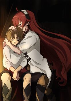 1boy 1girl ahoge bandana blush brown_hair closed_eyes eris_greyrat head_hug highres hug indoors kou_(spad7u59) long_hair mole mole_under_eye mushoku_tensei red_hair rudeus_greyrat smile