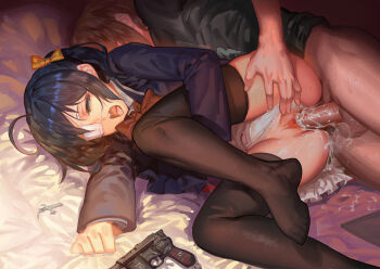 10s 1boy 1girl ahoge alphonse_(white_datura) bad_id bad_pixiv_id black_hair black_thighhighs blue_eyes bow bow_panties censored chuunibyou_demo_koi_ga_shitai! clothed_sex clothing_aside cross cum cum_in_pussy cum_on_body cum_on_clothes cum_on_lower_body cum_overflow drooling erection eyepatch feet gun hair_bow hair_ribbon handgun hetero highres long_legs lying mauser_c96 mosaic_censoring no_shoes on_side open_mouth panties panties_aside penis petite pistol pussy ribbon saliva school_uniform sex sex_from_behind short_hair side_ponytail skirt solo_focus spooning spread_pussy sweat takanashi_rikka tears testicles thighhighs togashi_yuuta tongue tongue_out underwear upskirt vaginal weapon white_panties yellow_ribbon