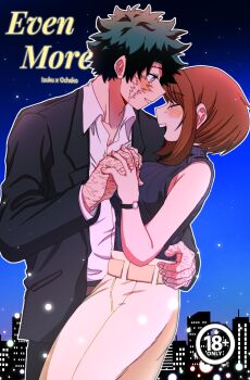 1boy 1girl black_jacket boku_no_hero_academia breasts brown_hair commentary cover cover_page english_commentary facial_scar green_eyes hetero highres holding_hands interlocked_fingers jacket large_breasts long_skirt midoriya_izuku mu_1_2 night night_sky open_mouth ribbed_shirt scar scar_on_cheek scar_on_face scar_on_hand shirt skirt sky sleeveless sleeveless_turtleneck smile tears turtleneck uraraka_ochako watch wristwatch yellow_skirt