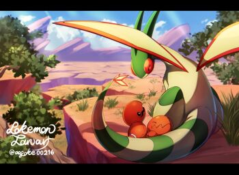 aobi_3814 canyon closed_mouth colored_skin commentary english_text evolutionary_line flygon from_behind gen_3_pokemon grass green_skin highres looking_at_another nintendo no_humans open_mouth orange_skin outdoors pokemon pokemon_(creature) pokemon_focus symbol-only_commentary tail trapinch tree twitter_username wings