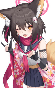 1girl ;d animal_ears black_gloves black_hair black_sailor_collar blue_archive commentary_request double_fox_shadow_puppet fox_ears fox_shadow_puppet fox_tail fuka_kurotsuji gloves hair_between_eyes halo highres izuna_(blue_archive) looking_at_viewer neckerchief one_eye_closed open_mouth partially_fingerless_gloves pink_halo pleated_skirt red_neckerchief red_scarf sailor_collar scarf short_hair simple_background skirt smile solo tail white_background yellow_eyes