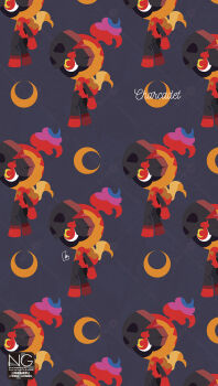 black_helmet charcadet crescent-shaped_pupils crescent_moon fiery_clothing fire flaming_eyes full_body helmet highres meme_(sleepsheep) moon multiple_others nintendo pokemon pokemon_(creature) pokemon_focus red_hair symbol-shaped_pupils