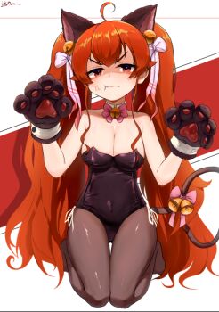 1girl ahoge anger_vein animal_ears animal_hands annoyed armpit_crease awal2311 bell black_leotard breasts brown_dust_(series) brown_dust_2 cat_ears cat_tail chinese_commentary cleavage closed_mouth commentary eris_greyrat fake_animal_ears fake_tail full_body gloves hair_bell hair_ornament jingle_bell leotard long_hair looking_at_viewer medium_breasts mushoku_tensei neck_bell paw_gloves paw_pose red_eyes red_hair seiza sitting solo tail tail_bell tail_ornament thigh_gap twintails very_long_hair