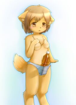 Rule 34 | :<, animal ears, bottle, breasts, bulge, furry, kagerofu, panties, short hair, standing, striped clothes, striped panties, tail, topless female, underwear