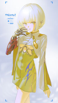 1girl absurdres arm_at_side artist_name bandaged_arm bandages barcode blue_streaks blunt_bangs blunt_ends bob_cut breastless_clothes breasts clothing_cutout commentary_request cowboy_shot cropped_jacket dress ear_chain ear_piercing green_dress green_eyes grey_background hand_up highres jacket joints light_smile linked_piercing long_sleeves looking_at_viewer multicolored_hair original parted_lips partially_unzipped piercing piroshiki_(aoraro) prosthesis prosthetic_arm robot_joints short_dress shoulder_boards sideways_glance simple_background sleeve_zipper sleeves_past_wrists small_breasts solo spiked_ear_piercing standing streaked_hair translation_request two-tone_hair underboob unzipped viewfinder white_hair white_jacket zipper zipper_pull_tab