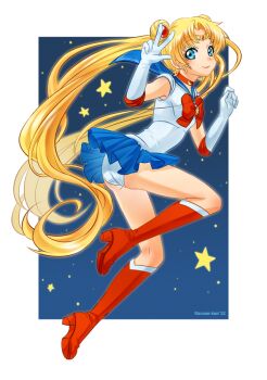 1girl ass bishoujo_senshi_sailor_moon blonde_hair blue_eyes blue_sailor_collar blue_skirt boots choker crescent crescent_choker crescent_earrings earrings jewelry long_hair magical_girl panties racoon-kun red_boots red_choker sailor_collar sailor_moon sailor_senshi sailor_senshi_uniform skirt solo thighs tsukino_usagi twintails underwear v white_panties