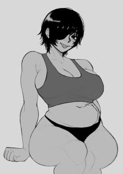 1girl black_eyes black_hair breasts chainsaw_man commentary cullieon english_commentary eyepatch highres himeno_(chainsaw_man) monochrome plump stomach