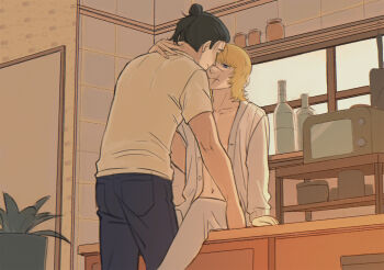 2boys arm_around_neck badeni black_hair blonde_hair blue_pants bottle chi.:_chikyuu_no_undou_ni_tsuite contemporary couple hair_bun highres indoors kitchen light_smile male_focus medium_hair microwave multiple_boys navel oczy open_clothes open_shirt pants plant potted_plant scar scar_on_face scar_on_mouth scar_on_nose shirt sitting upper_body white_pants white_shirt yaoi yuyuyuyriri