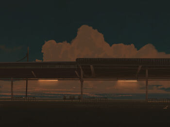 bench cloud cloudy_sky commentary ele_artworks english_commentary highres no_humans original outdoors railing scenery signature sky train_station twilight