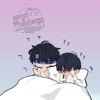 2boys ? @_@ ahoge black_coat black_hair black_shirt coat collared_shirt commentary double-parted_bangs english_commentary hair_between_eyes hands_up highres implied_after_sex kim_dokja kimidori_22 male_focus multiple_boys nipples nude omniscient_reader&#039;s_viewpoint open_clothes open_coat partially_shaded_face pillow popped_collar shirt short_hair sweatdrop under_covers upper_body white_coat yaoi yoo_joonghyuk