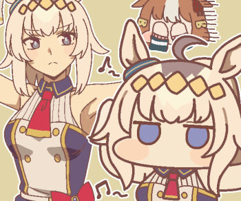 2girls ahoge animal_ears armpits art_shift ascot belno_light_(umamusume) blush_stickers bow bright_pupils brown_background brown_hair chibi commentary covering_face dancing ear_ornament ears_down eighth_note grey_eyes grey_hair hair_ornament horse_ears horse_girl jaggy_lines jazz_jack jitome kasamatsu_tracen_school_uniform letter_hair_ornament long_hair multiple_girls multiple_views musical_note no_mouth official_alternate_costume official_alternate_hairstyle oguri_cap_(umamusume) outline purple_eyes red_ascot scene_reference school_uniform short_hair simple_background sleeveless umamusume umamusume:_cinderella_gray waist_bow white_background white_hair wide_face