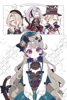 2boys 2girls :d animal_ear_fluff animal_ears arlecchino_(genshin_impact) ascot beret black_hair black_hands black_hat blonde_hair brown_ascot camera cat_ears cat_girl cat_tail closed_eyes colored_extremities dress facial_mark freminet_(genshin_impact) genshin_impact glint green_dress green_hat grey_hair hair_between_eyes hair_over_one_eye hair_ribbon hat highres holding holding_camera light_smile long_hair looking_at_viewer lynette_(genshin_cafe_in_seoul)_(genshin_impact) lynette_(genshin_impact) lyney_(genshin_impact) multicolored_hair multiple_boys multiple_girls open_mouth own_hands_together purple_eyes ribbon short_hair smile star_(symbol) streaked_hair tail tail_ornament tail_ribbon thinking top_hat ts_87 white_background white_sleeves wide-eyed