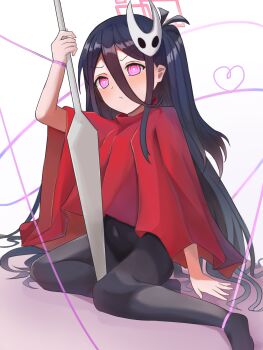1girl :/ arm_at_side black_bodysuit black_hair blue_archive blush bodysuit bound bright_pupils cloak closed_mouth cosplay covered_groin covered_navel dot_nose double-parted_bangs foot_out_of_frame frown furrowed_brow hair_behind_ear hair_between_eyes hair_spread_out halo heart heart_of_string highres holding holding_weapon hollow_knight horned_mask hornet_(hollow_knight) hornet_(hollow_knight)_(cosplay) kei_(aris)_(blue_archive) kei_(blue_archive) long_hair long_hair_between_eyes looking_at_viewer loosely_tucked_bangs mask mask_on_head needle_(hollow_knight) night_ling no_shoes one_side_up pink_eyes pink_halo planted raised_inner_eyebrows rectangular_halo red_cloak ringed_eyes simple_background sitting solo string thread tied_up_(nonsexual) very_long_hair weapon weapon_between_legs white_background white_mask white_pupils yokozuwari