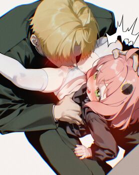 1boy 1girl age_difference anya_(spy_x_family) black_shirt blonde_hair clothing_aside cunnilingus father_and_daughter formal_clothes green_eyes grey_background hand_on_another's_head hetero highres inseki loli open_mouth oral panties panties_aside pink_hair pussy shirt short_hair simple_background spy_x_family suit tongue tongue_out twilight_(spy_x_family) underwear white_panties yoko-chan_(mijizukeyoko)