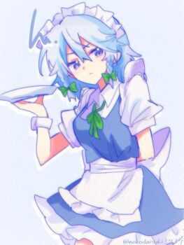 1girl apron arm_behind_back blue_dress braid closed_mouth dress expressionless hair_between_eyes hashtag-only_commentary holding holding_tray izayoi_sakuya looking_at_viewer maid maid_apron maid_headdress medium_hair nekodaisuki3737 shirt short_sleeves side_braids solo touhou tray twin_braids twitter_username white_hair white_shirt wrist_cuffs