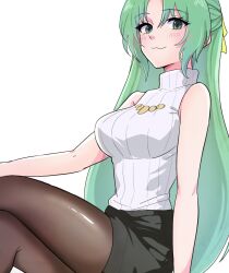 Rule 34 | 1girl, :3, arm support, bare shoulders, black skirt, blush, breasts, casual, closed mouth, crossed legs, green eyes, green hair, highres, higurashi no naku koro ni, jewelry, large breasts, long hair, looking at viewer, pantyhose, pencil skirt, ponytail, ribbed sweater, shirt, simple background, sitting, skirt, sleeveless, sleeveless turtleneck, smile, solo, sonozaki shion, sweater, thighs, turtleneck, turtleneck sweater, very long hair, white background, white sweater, yuno ff