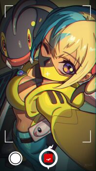 1girl absurdres aqua_hair bandeau black_mask blonde_hair blue_eyes blush breasts canari_(pokemon) cleavage colored_sclera criss-cross_straps dark-skinned_female dark_skin eel eelektross fake_screenshot fangs fish gen_5_pokemon highres jacket lamprey large_breasts long_sleeves looking_at_viewer mask mega_stone mouth_mask multicolored_hair nebura_(neburaart) nintendo one_eye_closed pants pokemon pokemon_(creature) pokemon_legends:_z-a red_eyes red_sclera selfie short_twintails split-color_hair sports_bra twintails two-tone_hair two-tone_mask two-tone_pants viewfinder yellow_bandeau yellow_jacket yellow_mask yellow_sports_bra