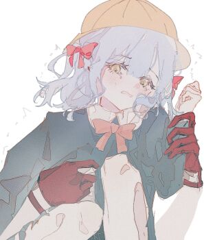 2girls age_difference aged_down aver_(yumenokessho) bang_dream! bang_dream!_it&#039;s_mygo!!!!! blue_dress blue_hair blush chinese_commentary commentary_request doloris_(bang_dream!) dress gloves hair_ribbon hat holding_another&#039;s_wrist knees_up light_frown long_sleeves looking_to_the_side medium_hair misumi_uika multiple_girls neck_ribbon nose_blush onee-loli open_mouth peter_pan_collar red_gloves red_ribbon ribbon scared school_hat simple_background solo_focus tearing_up tears togawa_sakiko trembling two_side_up white_background yellow_eyes yellow_hat yi_chuan_xian_hua yumenokessho yuri