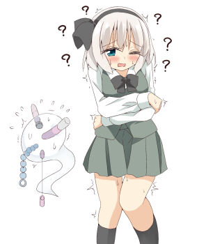 1girl ? ?? anal_beads black_bow black_bowtie black_hairband black_socks blush bow bowtie collared_shirt commentary_request crossed_arms dildo egg_vibrator female_masturbation flying_sweatdrops green_skirt green_vest grey_hair hairband highres hitachi_magic_wand hitodama kneehighs konpaku_youmu konpaku_youmu_(ghost) long_sleeves looking_at_viewer masturbation one_eye_closed open_mouth sex_toy shirt shishiky skirt skirt_set socks solo sweat touhou trembling vest vibrator white_shirt