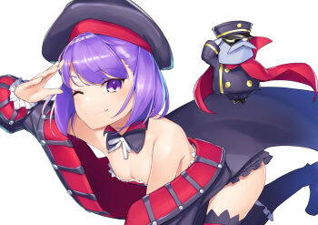 1girl automaton_(object) bad_id bad_pixiv_id bare_shoulders black_hat black_thighhighs breasts colonel_olcott_(fate) commentary_request dabuki detached_collar doll dress fate/grand_order fate_(series) female_focus hat helena_blavatsky_(fate) helena_blavatsky_(third_ascension)_(fate) highres jacket looking_at_viewer one_eye_closed purple_eyes purple_hair salute sefirot short_hair simple_background small_breasts solo strapless strapless_dress thighhighs white_background