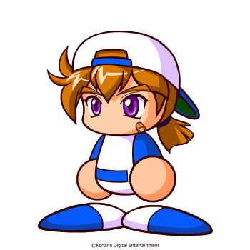 Rule 34 | 1boy, artist request, bandaid, bandaid on cheek, bandaid on face, baseball cap, baseball uniform, blue hat, blue shirt, blue shoes, brown hair, copyright notice, hat, highres, ikari susumu, jikkyou powerful pro yakyuu, jikkyou powerful pro yakyuu (style), low ponytail, multicolored hat, multicolored shirt, multicolored shoes, no mouth, official art, ponytail, purple eyes, rayman limbs, shirt, shoes, solo, sportswear, thick eyebrows, two-tone shirt, two-tone shoes, white hat, white shirt, white shoes