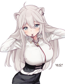 1girl adjusting_hair ahoge animal_ears black_pants blush breasts closed_mouth collared_shirt grey_eyes grey_hair highres hololive kanya_pyi large_breasts lion_ears lion_girl mouth_hold official_alternate_costume pants shirt shishiro_botan shishiro_botan_(button-down) smile solo virtual_youtuber white_background white_shirt