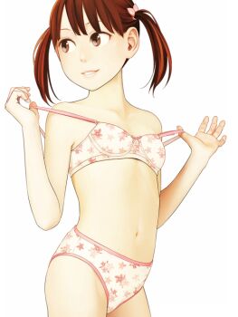 1girl adjusting_bra adjusting_clothes bow bow_bra bra breasts brown_eyes brown_hair female_focus floral_print hair_tie higashiyama_shou loli looking_back original panties parted_lips print_bra print_panties removing_bra short_hair short_twintails simple_background small_breasts smile solo standing strap_pull twintails underwear underwear_only undressing white_background white_bra white_panties