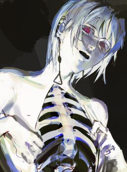 1girl bare_shoulders black_background body_horror chainsaw_man death_devil_(chainsaw_man) earrings fami_(chainsaw_man) highres horror_(theme) jewelry looking_at_viewer medium_hair multiple_moles nude open_mouth pale_skin rain_(neporain) red_eyes ribs tassel tassel_earrings white_hair