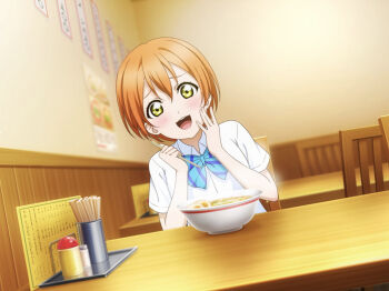 1girl :3 :d \||/ anime_coloring blue_bow blue_bowtie blurry blurry_background blush bokeh bow bowl bowtie breasts chair chopsticks depth_of_field diagonal-striped_bow diagonal-striped_bowtie diagonal-striped_clothes dress_shirt dutch_angle food hair_between_eyes hand_on_own_cheek hand_on_own_face hands_up happy highres holding holding_chopsticks hoshizora_rin indoors looking_at_viewer love_live! love_live!_school_idol_festival_all_stars love_live!_school_idol_project menu noodles official_art on_chair open_mouth orange_hair otonokizaka_school_uniform pov_across_table raised_inner_eyebrows ramen restaurant school_uniform shirt short_hair short_sleeves sitting small_breasts smile softboiled_egg solo steam straight-on striped_bow striped_bowtie striped_clothes summer_uniform table teeth upper_teeth_only white_shirt yellow_eyes