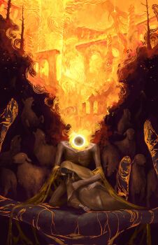 1boy 1girl braid burning elden_ring eyyojimbo fire glowing glowing_eyes highres lying_on_lap midra_lord_of_frenzied_flame sheep side_braids sitting topless_male
