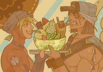 Rule 34 | 2boys, aquiline nose, arm tattoo, baseball cap, bodysuit, chocolate, choker, clenched teeth, commentary, crossed belts, eating, english commentary, facial mark, food, fruit, hat, highres, hyepletina, ice cream, jojo no kimyou na bouken, male focus, multiple boys, muscular, muscular male, nose, orange theme, paco laburantes, parfait, pocky, smile, strawberry, tattoo, teeth, the jojolands, tray, usagi aloha'oe, wristband