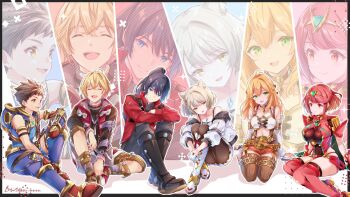 3boys 3girls animal_ear_fluff animal_ears artist_name black_boots black_hair blonde_hair bob_cut boots breasts brown_hair brown_pantyhose brown_thighhighs camisole cat_ears cat_girl chest_jewel closed_eyes commentary_request core_crystal_(xenoblade) earrings fingerless_gloves fiora_(xenoblade) gem gloves green_eyes green_gemstone grey_hair grey_jacket high_ponytail highres hugging_own_legs jacket jewelry knee_up large_breasts long_hair medium_breasts mio_(xenoblade) multiple_boys multiple_girls noah_(xenoblade) off_shoulder open_mouth pantyhose ponytail pyra_(xenoblade) red_boots red_eyes red_hair red_jacket red_shorts red_skirt rex_(xenoblade) short_hair short_shorts shorts shulk_(xenoblade) sitting skirt smile thigh_boots thighhighs tiara ui_frara white_camisole white_gloves white_skirt xenoblade_chronicles_(series) xenoblade_chronicles_1 xenoblade_chronicles_2 xenoblade_chronicles_3 yellow_eyes yokozuwari zoom_layer