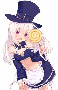 1girl bandeau breasts candy commentary detached_collar detached_sleeves food frills hat hat_belt highres holding holding_candy holding_food holding_lollipop ingrid_(capcom) lollipop long_hair midriff miniskirt navel open_mouth red_eyes skirt smile solo strapless street_fighter street_fighter_6 swirl_lollipop top_hat tube_top umirukode untranslatable_commentary white_hair