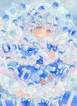 1girl absurdres ahoge amu_(m_aa) angel angel_wings artist_name blue_bow blue_coat blue_eyes blue_ribbon blue_theme blush boots bow braid braided_hair_rings candy candy_cane capelet christmas christmas_present closed_mouth coat dated dot_mouth dot_nose food frills gift hair_bow hair_rings highres long_hair looking_at_viewer original painting_(medium) parted_lips ribbon sidelocks signature snow stuffed_animal stuffed_toy teddy_bear traditional_media twin_braids watercolor_(medium) white_hair wings