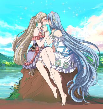 2girls alternate_hairstyle autumn-sacura azura_(fire_emblem) blonde_hair blue_hair commission earrings elise_(fire_emblem) facing_another fire_emblem fire_emblem_fates hair_between_eyes highres jewelry kiss lake long_hair multiple_girls nintendo very_long_hair yuri