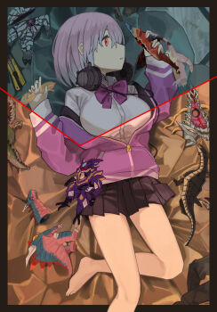 1girl absurdres anti_(ssss.gridman) barefoot black_skirt blood border bow bowtie breasts bujack collared_shirt commentary_request devadadan ghoulgilas go'yavec gonglee gridman_universe headphones headphones_around_neck highres jacket kaiju large_breasts long_sleeves lying miniskirt nanashi_(ssss.gridman) nanashi_a nanashi_b on_back partially_unzipped pleated_skirt purple_bow purple_bowtie purple_hair purple_jacket red_eyes school_uniform shinjou_akane shirt short_hair skirt solo split_theme ssss.gridman string tyaui_(xjju4435) white_shirt