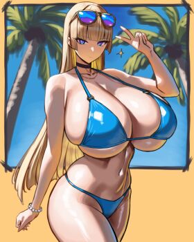 1girl absurdres beach bikini blonde_hair blue-tinted_eyewear blue_bikini blue_eyes blunt_bangs borrowed_character bow breasts cleavage commentary eyewear_on_head from_below halterneck hand_up heart highres huge_breasts large_breasts lina_(michihasu) linea_alba long_hair looking_at_viewer multicolored_eyes navel original side-tie_bikini_bottom simple_background skindentation solo standing stomach string_bikini sunglasses swimsuit symbol-only_commentary tinted_eyewear underboob upper_body v very_long_hair wide_hips wolffeld_price