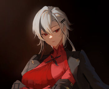 Rule 34 | 1girl, absurdres, arlecchino (genshin impact), black background, black eyes, black hair, black hands, black jacket, black streaks, breasts, colored extremities, commentary request, crossed arms, genshin impact, gradient background, grey hair, hair between eyes, hair ornament, hairclip, haruhachiya, highres, jacket, jacket on shoulders, large breasts, long hair, looking at viewer, multicolored hair, red pupils, red shirt, shirt, solo, streaked hair, symbol-shaped pupils, two-tone hair, upper body, x-shaped pupils