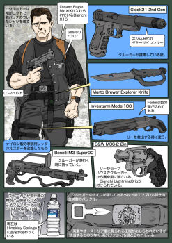 Rule 34 | 1boy, benelli armi spa, benelli m3 super 90, bottle, brass knuckles, break-action shotgun, brown hair, dagger, desert eagle, double-barreled shotgun, dual-mode shotgun, english text, eraser (film), glock, glock 21, glock ges.m.b.h., gun, handgun, investarm, investarm model 100, israel military industries, israel weapon industries, japanese text, john kruger, knife, looking at viewer, magnum research, marto brewer, marto brewer explorer survival knife, multiple-barrel gun, muta koji, over-and-under-barreled shotgun, pistol, pump-action shotgun, push dagger, revolver, s&amp;w model 36, sawed-off shotgun, semi-automatic shotgun, shotgun, smith &amp; wesson, snubnosed revolver, story time (muta koji), suppressor, suppressor focus, suppressor profile, translation request, trench knife, water bottle, weapon, weapon focus, weapon name, weapon profile