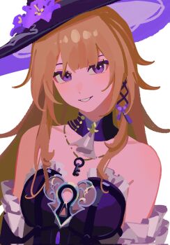 1girl ascot bare_shoulders black_choker black_dress black_hat black_sleeves blonde_hair blunt_bangs blush breasts choker detached_sleeves dress flower frills hair_between_eyes hair_ornament hair_ribbon hashtag-only_commentary hat hat_flower hat_ornament herta_(honkai:_star_rail) highres honkai:_star_rail honkai_(series) jewelry key key_necklace keyhole long_hair looking_at_viewer medium_breasts necklace purple_eyes purple_flower purple_ribbon ribbon selvha sidelocks simple_background sleeveless sleeveless_dress smile solo strapless strapless_dress teeth the_herta_(honkai:_star_rail) upper_body white_ascot white_background witch_hat x_hair_ornament