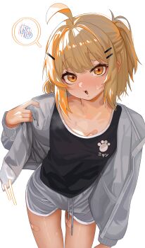 1boy absurdres ahoge bandaid_on_chest bandaid_on_thigh black_tank_top blonde_hair blush ch1ckpyo clothes_pull cowboy_shot full-face_blush grey_jacket grey_shorts hair_ornament hairpin half_updo highres hot huge_ahoge jacket jacket_pull leaning_forward male_focus mars_symbol multiple_hairpins off-shoulder_sweater off_shoulder open_clothes open_jacket original pulling_own_clothes shiny_skin shorts simple_background spoken_blush spoken_mars_symbol sweat sweater tank_top thick_eyebrows thighs track_jacket trap very_sweaty white_background yellow_eyes