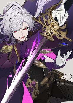 1boy absurdres belt cape cross-shaped_pupils edmond_dantes_(fate) epaulettes fangs fate/grand_order fate_(series) fire gloves gradient_hair grey_hair highres holding holding_sword holding_weapon long_hair long_sleeves looking_at_viewer male_focus multicolored_hair purple_cape purple_fire purple_hair red_eyes revision scabbard sheath smile solo sword symbol-shaped_pupils the_count_of_monte_cristo_(fate) the_count_of_monte_cristo_(second_ascension)_(fate) uriuriyukitti weapon
