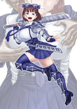1boy 1girl absurdres ai-chan_(tawawa) aonuma_kiyoharu blue_gloves blue_skirt blue_thighhighs breasts brown_hair clenched_teeth fingerless_gloves full_body getsuyoubi_no_tawawa gloves grabbing_another&#039;s_breast groping highres holding holding_weapon large_breasts miniskirt purple_eyes shirt short_hair skirt teeth thighhighs weapon white_shirt