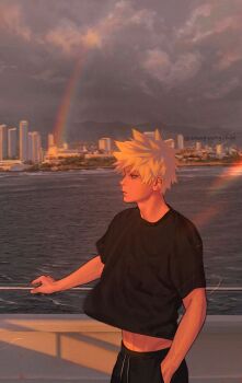 1boy absurdres alternate_costume artist_name bakugou_katsuki black_pants black_shirt blonde_hair boku_no_hero_academia cityscape closed_mouth cloud cloudy_sky cowboy_shot day from_side frown hand_in_pocket highres male_focus outdoors pants profile rainbow river shirt short_hair short_sleeves sky solo spiked_hair t-shirt water wengwengchim