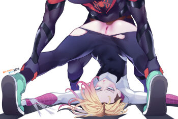 1boy 1girl anal artist_name ass blonde_hair blue_eyes bodysuit dark-skinned_male dark_skin gwen_stacy hetero hot_vr lips marvel miles_morales piledriver_(sex) pixiv_username pussy rolling_eyes sex shoes short_hair simple_background sneakers solo_focus spider-gwen spider-man spider-man:_into_the_spider-verse spider-man_(series) spider-verse thighs torn_bodysuit torn_clothes uncensored undercut upside-down white_background