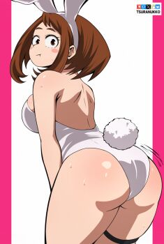 1girl animal_ear_hairband animal_ears artist_name ass bluesky_logo boku_no_hero_academia breasts brown_eyes brown_hair closed_mouth fake_animal_ears fake_tail hairband highleg highleg_leotard large_breasts leotard looking_at_viewer looking_back patreon_logo pixiv_logo playboy_bunny pout rabbit_ear_hairband rabbit_ears rabbit_tail solo tail thigh_strap tsuranukko twitter_x_logo uraraka_ochako white_leotard
