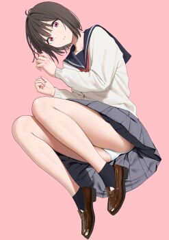 1girl absurdres black_hair black_socks blue_sailor_collar brown_cardigan brown_shoes cardigan choppy_bangs commentary_request crotch_seam expressionless full_body grey_skirt hands_up highres knees_up loafers long_sleeves looking_at_viewer magurotatakighn neckerchief osanai_yuki panties pantyshot parted_lips picot_trim_panties pink_background pink_eyes pleated_skirt red_neckerchief sailor_collar school_uniform serafuku shoes short_hair shoushimin_series simple_background skirt socks solo underwear upskirt white_panties